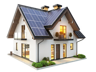 Modern house with solar panels in the roof isolated on transparent background.