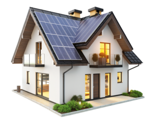 Modern house with solar panels in the roof isolated on transparent background.