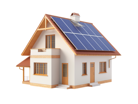 Modern house with solar panels in the roof isolated on transparent background.