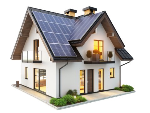 Modern house with solar panels in the roof isolated on transparent background.