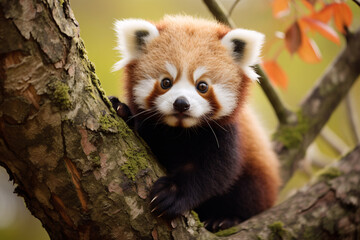 Cute Red Panda climbing in tree