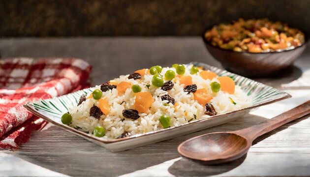 Arroz &agrave; grega em uma travessa de vidro sobre a mesa. Arroz com uva-passa, ervilha, cenoura.