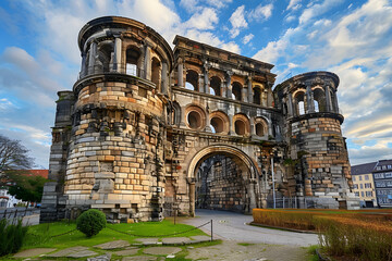 Amazing view of famous Porta Nigra (Black gate) - ancient Roman city gate in Trier, Germany. UNESCO World Heritage Site