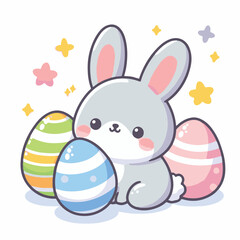 Little Rabbit With Easter Eggs Vector Illustration