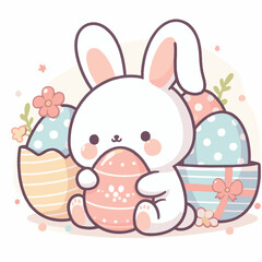 Little Rabbit With Easter Eggs Vector Illustration