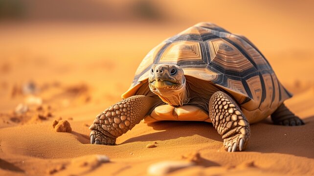 A solitary tortoise traverses the golden sands of a serene desert