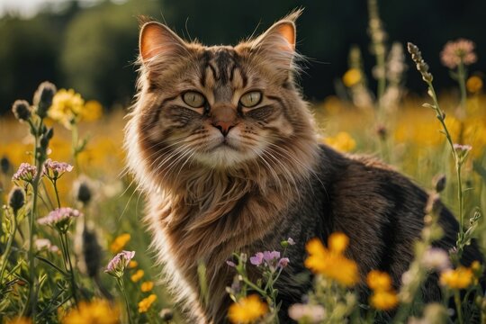 A fluppy cat sitting in a field of wildflowers, basking in the warm sunlight