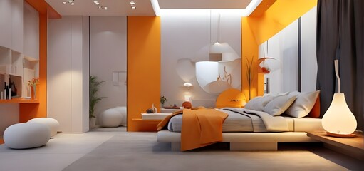 Yellow and warm modern bedroom with neutral wooden interior. wooden floor and comfortable king size bed. 3d rendering