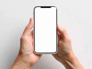 Hands or palms of an elderly woman holding smartphone with white screen with space for graphics, text or logo, top view from the eyes, isolated on light background. 