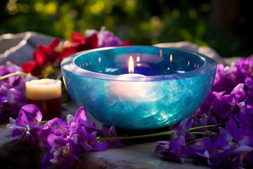 Serene spa setting with candle and orchids