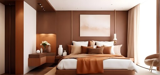 Fototapeta premium Interior of modern bedroom with beige walls, wooden floor and comfortable king size bed. 3d rendering
