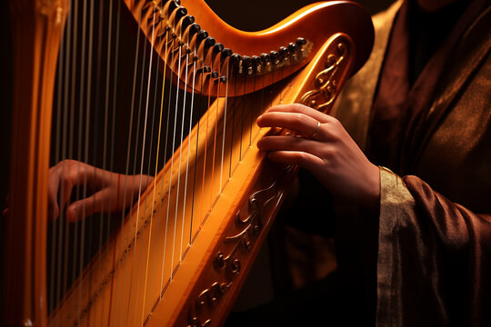 Close-up of a musician's hands playing a golden harp against a warm backdrop