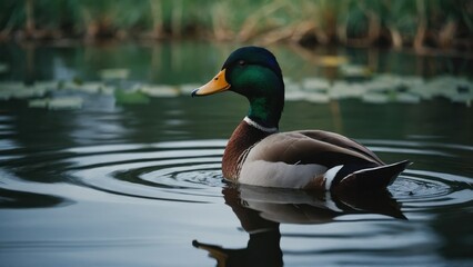 Fototapeta premium An elegant portrait of a graceful duck sitting quietly in a calm pond
