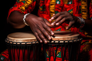 Hands playing African drum in traditional attire