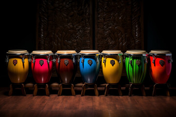 Colorful conga drum set on dark background - obrazy, fototapety, plakaty