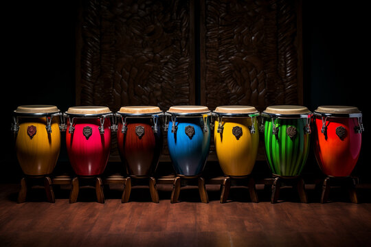 Colorful conga drum set on dark background