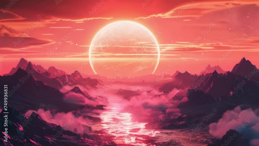 Poster a beautiful sunset over a mountain range with a river in the foreground. perfect for travel and natu