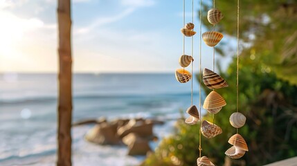 Seashell mobile hanging from a beachfront porch, with copy space