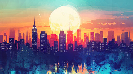 大都市の日没のイラスト