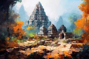 Landscape with the ruins of an ancient Indian temple. Oil painting in impressionism style. - obrazy, fototapety, plakaty