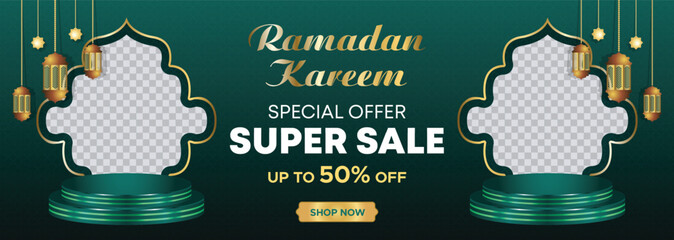 Ramadan Kareem Web Background Super Sale Banner with Podium for Display of product. Ramadan Mega Big Sale Promotion Poster and Social Media Post. Islamic Special Offer Promotion Banner Design Template