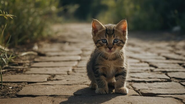 Capture the curiosity of a playful kitten exploring its surroundings