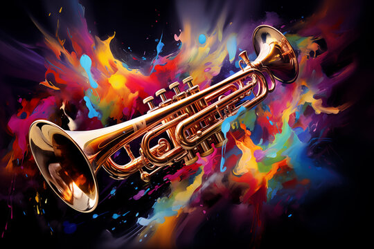 Digital art of a trumpet with dynamic paint splashes symbolizing musical energy