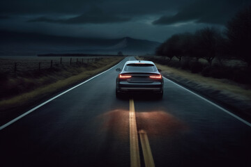 Fototapeta premium Car driving fast on the countryside road at dusk. Autumn rural landscape and sky with clouds.