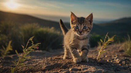 Capture the curiosity of a playful kitten exploring its surroundings