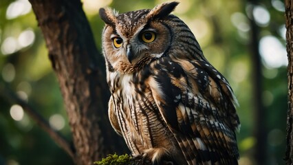 Obraz premium Capture the inquisitive gaze of a wise old owl perched on a tree branch