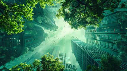 Skyline Symphony: Modern Urban Landscape with Futuristic Skyscrapers and Reflective Waters