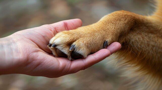 A close-up image shows the paw of a dog alongside the hand of a human, symbolizing the bond between pets and their owners.