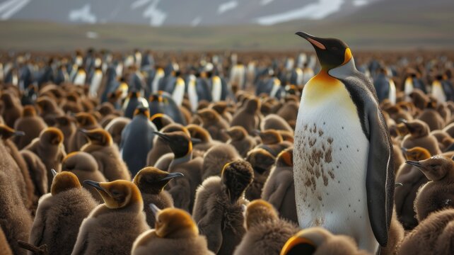 A mature king penguin stands amidst the rest of the flock.