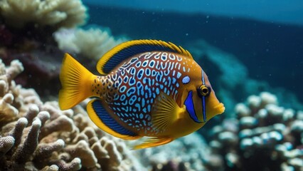 Fototapeta na wymiar Focus on the intricate patterns and vibrant colors of a tropical fish swimming in a coral reef