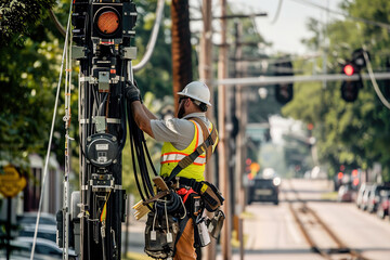 Engineers in harnesses mounting fiber optic cables on utility poles, advancing broadband infrastructure for internet access.