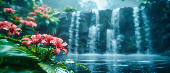 Exotic Waters: Tranquil Jungle Scene with Cascading Waterfall and Lush Tropical Foliage