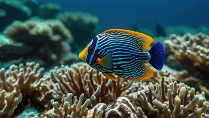 Focus on the intricate patterns and vibrant colors of a tropical fish swimming in a coral reef