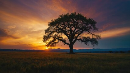 Obraz premium Focus on the majestic silhouette of a lone tree against the backdrop of a colorful sunset