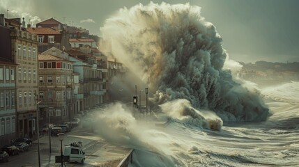 Catastrophic Tsunami Wreaks Havoc: Giant Wave Crashes Over City, Buildings & Cars in Ruins - Stock Image for Disaster Relief Campaigns & Climate Change Awareness