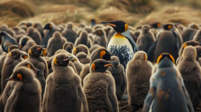 A mature king penguin stands amidst the rest of the flock.