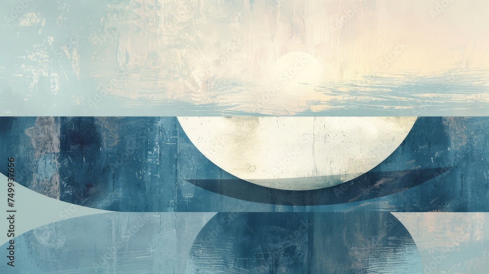 Poster an artistic blend of textured layers and geometric shapes evoking a serene abstract seascape with a 