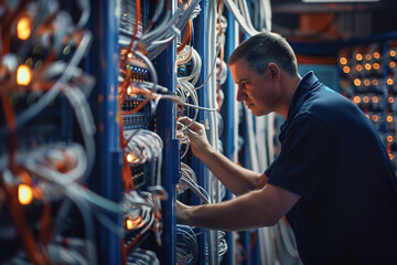 Technicians splicing fiber optic cables in a server room, ensuring reliable high-speed internet connectivity for businesses and communities.