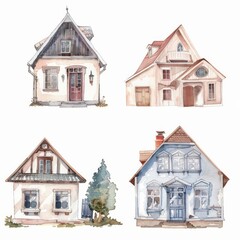 Fototapeta na wymiar Watercolor painted houses on white background