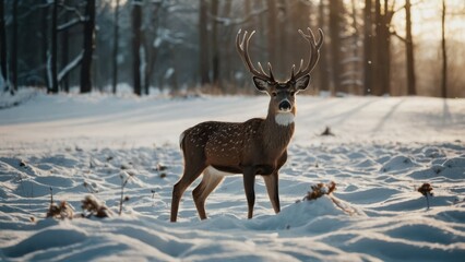 Medium Shoot view of deer in winter nature scene