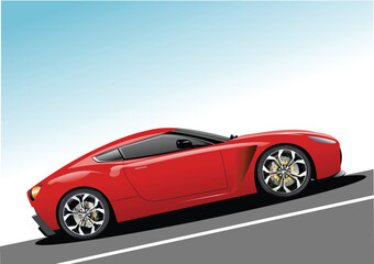 Fototapeta na wymiar Red car coupe on the road. 3d vector color illustration