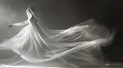 An evocative, monochrome image capturing a mysterious figure enveloped in billowing white fabric, suggesting movement and grace.