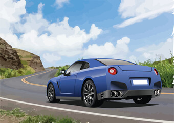 Fototapeta na wymiar Blue car coupe on the road. 3d vector color illustration