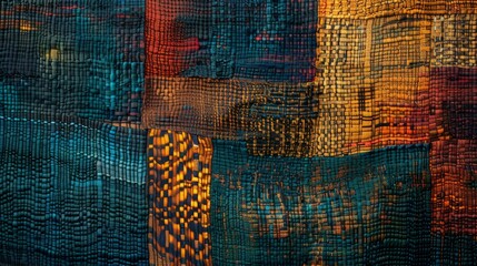 A richly textured abstract mosaic featuring a tapestry of vibrant hues, evoking depth and dynamic visual interest.