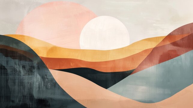 Warm sunset hues paint an abstract geometric landscape, where sweeping curves meet bold, earthy tones in a modern artistic expression.
