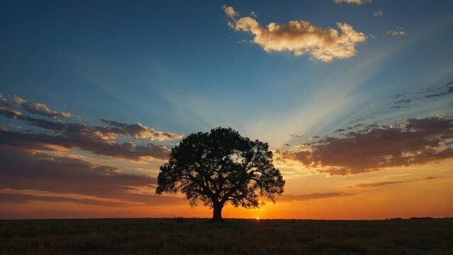 Focus on the majestic silhouette of a lone tree against the backdrop of a colorful sunset